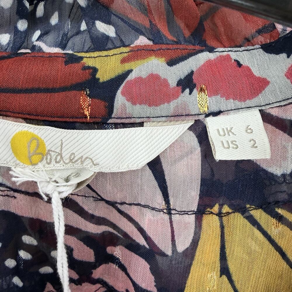 NEW BODEN Butterfly Ruffle Neck Shirt Multicolor Sheer Blouse Ruffled Cuffs US-2 - Picture 6 of 12